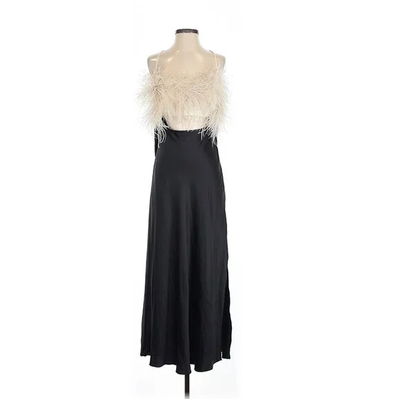PatBO Feather Trim Midi Slip Dress in Black 2 - Picture 2 of 6
